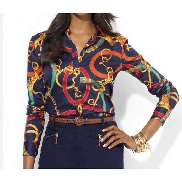 L-Ralph Lauren Sz L Signature Equestrian Print Long Sleeve Button Down Shirt - Picture 3 of 16